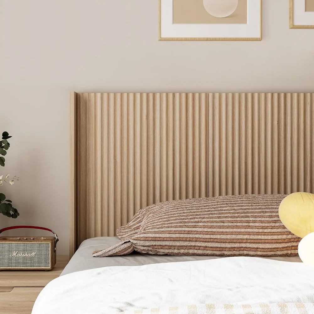 Wood Queen Headboard Only Boho Headboard Queen Size Wall Mounted Mid Century Modern Farmhouse Wingback,Natural Oak,Fluted Panels