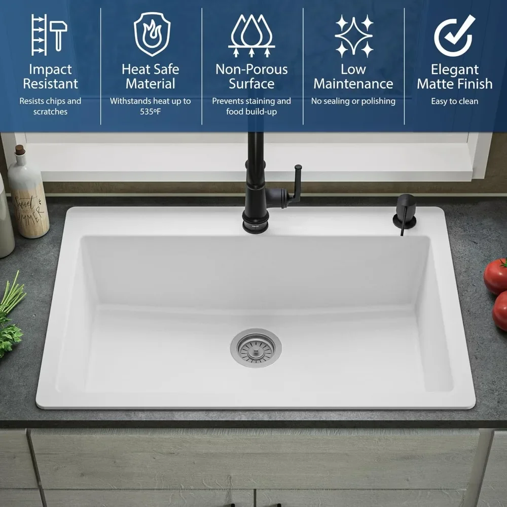 Top Mount. Large Single Bowl Quartz Kitchen Sink in 5