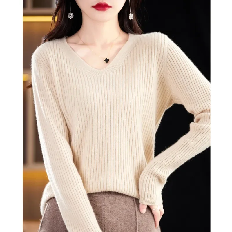 

Женский свитер с длинным рукавом и V-образным вырезом, полосатая трикотажная одежда, Облегающая рубашка, модные пуловеры в Корейском стиле, тонкие вязаные топы, рубашки 2024
