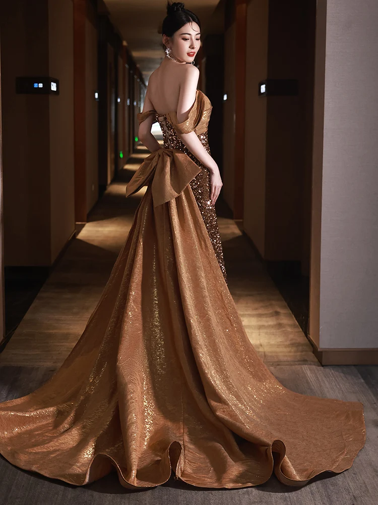 

Женское золотистое платье-годе во французском стиле, Сексуальные облегающие вечерние платья с открытыми плечами и блестками, элегантное женское платье до пола для выпускного вечера