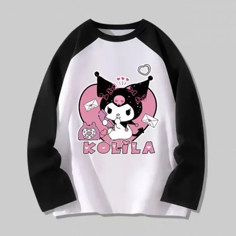 

Sanrios Anime Kawaii Kuromi Printed Pure Cotton Raglan Student Long Sleeved T-shirt Loose Bottomed Shirt Upper Garment