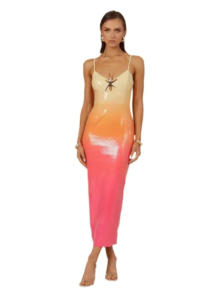 Sequins Gradient Spaghetti Strap Slim Maxi Dress Women Starfish Hollow Out Sleeveless Package Hip Sparkle Slit Party Dresses 5