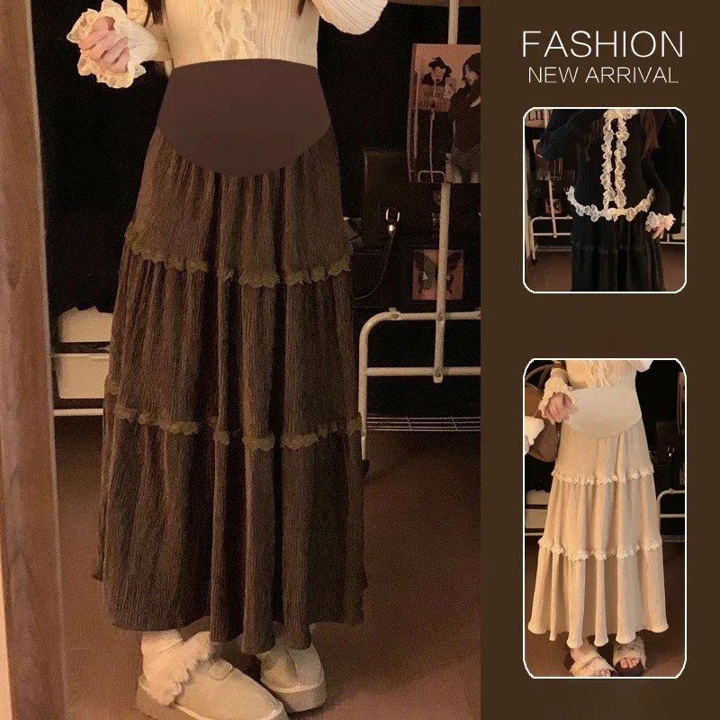 Autumn Winter Maternity Luxury Skirts Fashion Ruffles Lace Patchwork High Waist Pregnant Woman Ball Gown Skirt Cake Skirts Sweet