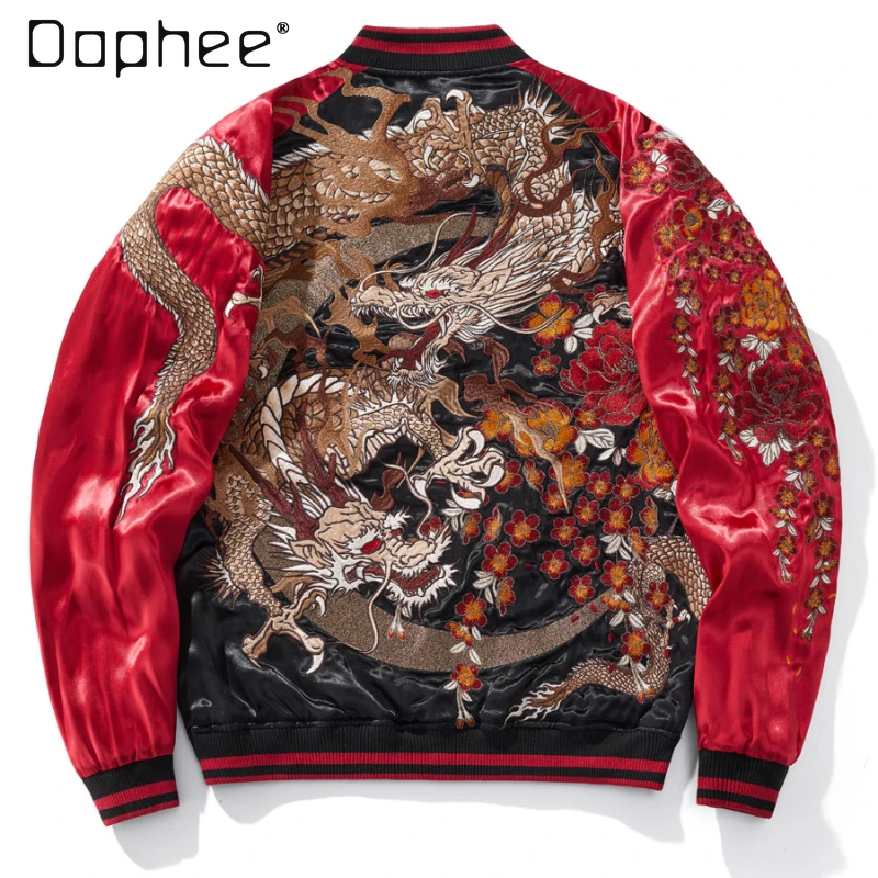 Heavy Full-Width Dragon Embroidered Baseball Uniform Coat 2024 Dragon Year New Men's and Women's Red Double-Sided Bomber Jacket