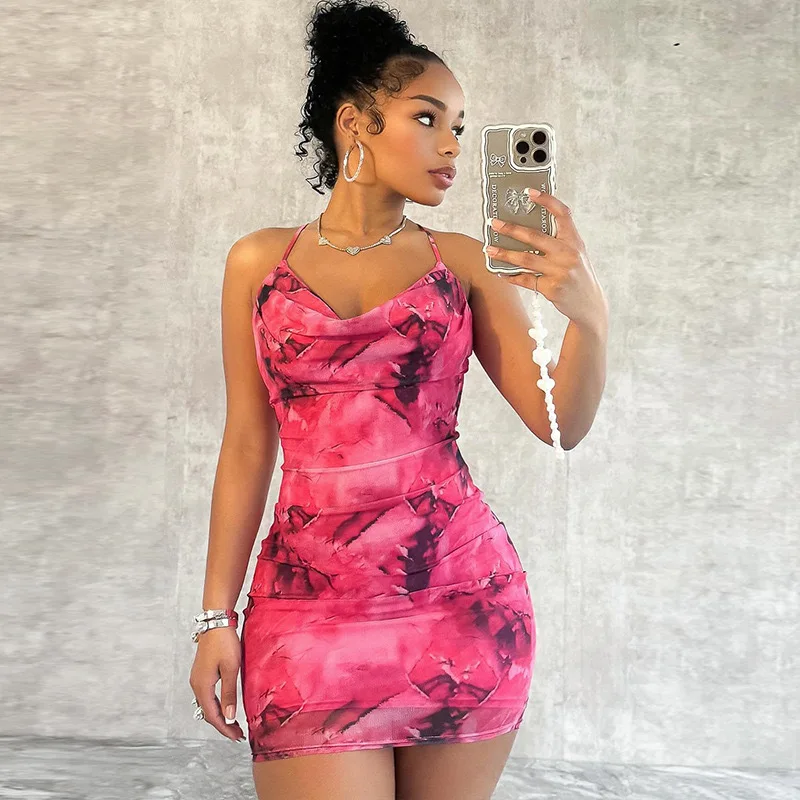

2024 Women's Fashion Printed Hanging Strap Wrapped Hip Skirt Hanging Neck Cross Open Back Sexy Slim Fit Dress for Women