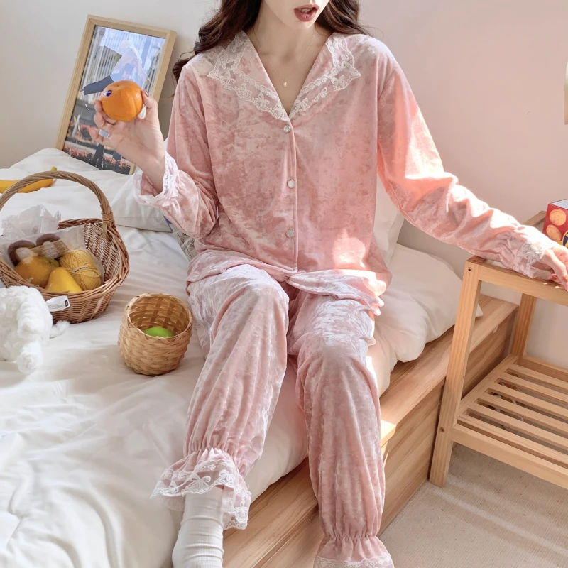 여성용 긴팔 레이스 골드 벨벳 파자마 세트, 한국 루즈 잠옷, 홈웨어, 파자마 무쥬 의류, 2024 용수철