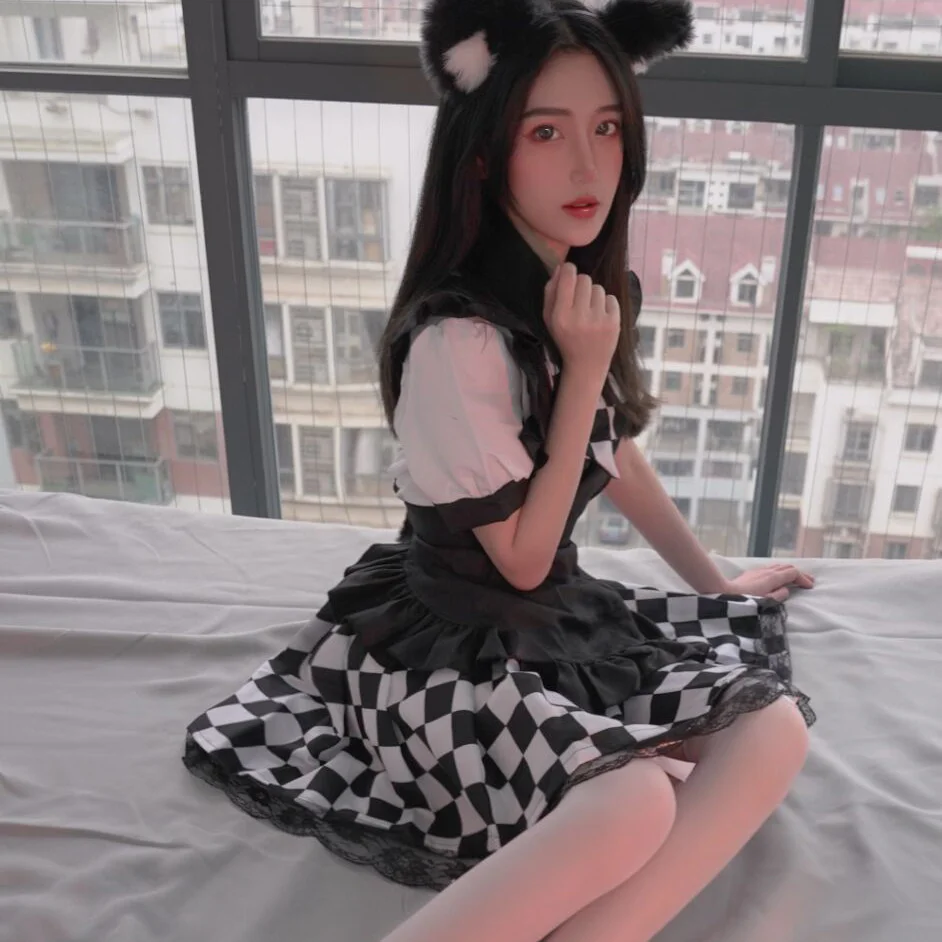 Black and White Plaid Maid Costume Cos Maid Costume Large Cross Dressing Game Suit