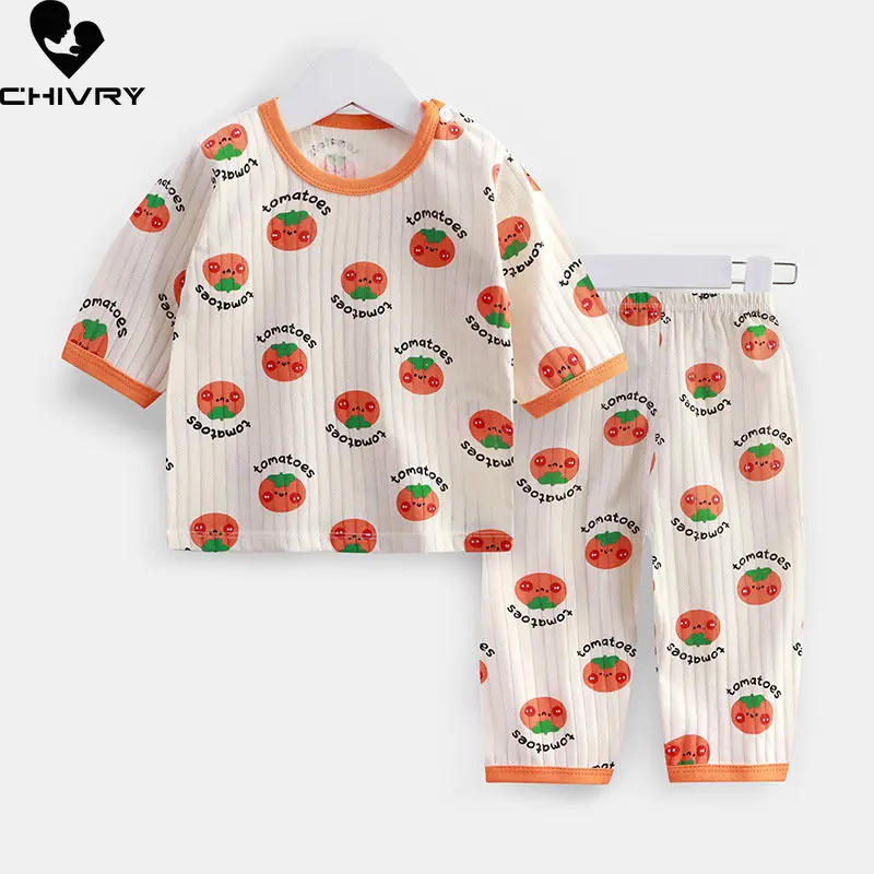 

Kids Summer Thin Pajamas New Baby Boys Girls Cartoon Print Three-quarter sleeve T Shirt Tops with Pants Baby Sleepwear Home Wear
