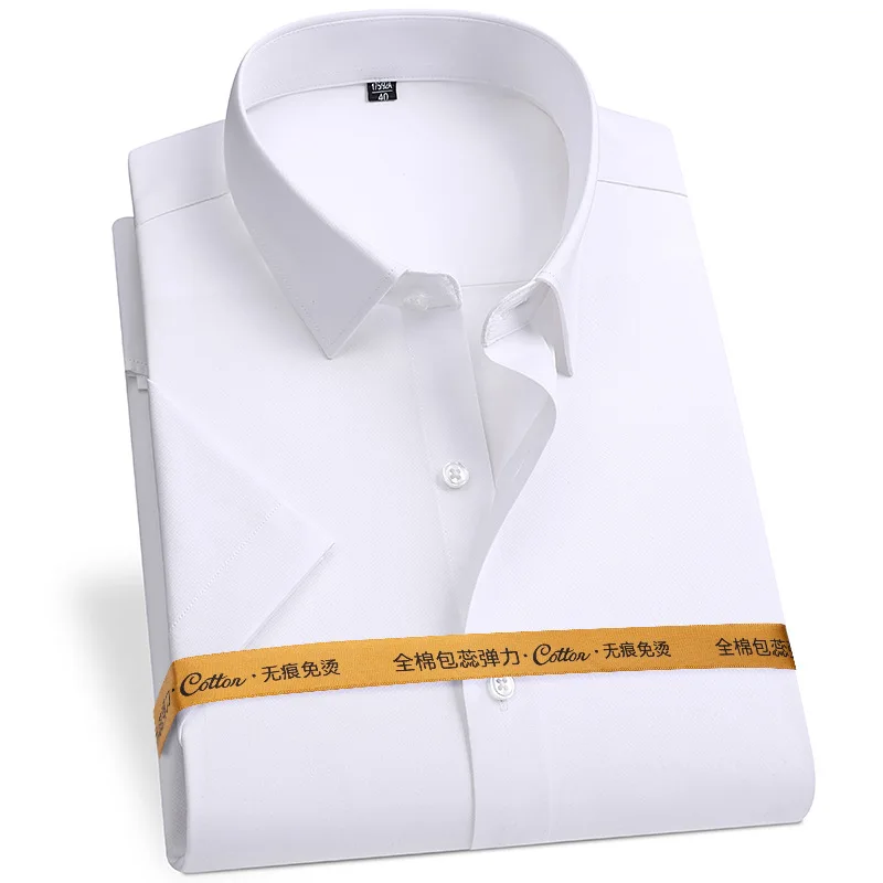 8XL No-Iron Anti-Wrinkle Soft Cozy Fabric 80% Cotton 15%Elastic Silk 5% Spandex Micro Elastic Short Sleeve Formal Shirts Men casual short sleeved shirt short sleeved shirt