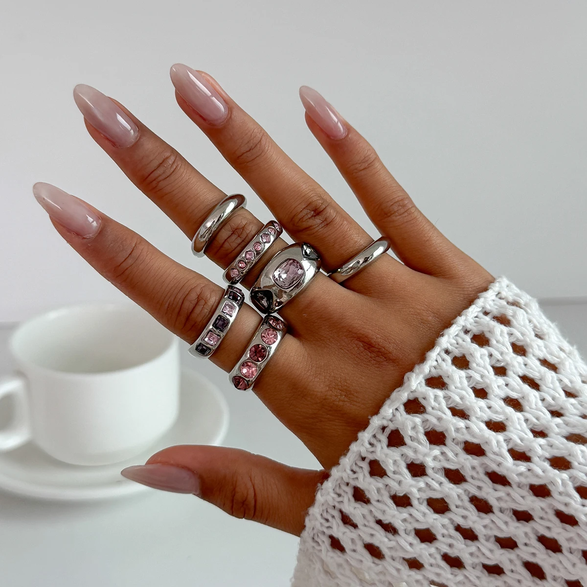 Elegant Purple Zircon Adjustable Ring Set - 6 Piece Gold Tone Jewelry