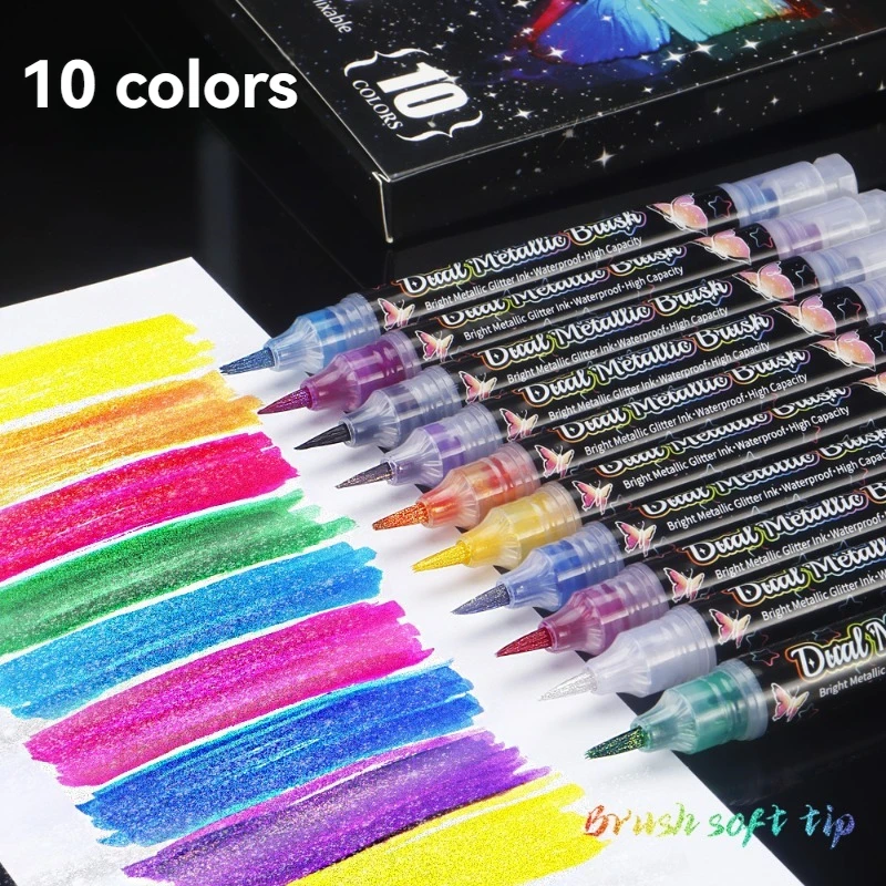 10 Colors Glitter Dual Metallic Brush Pen,DIY Album Pen hand