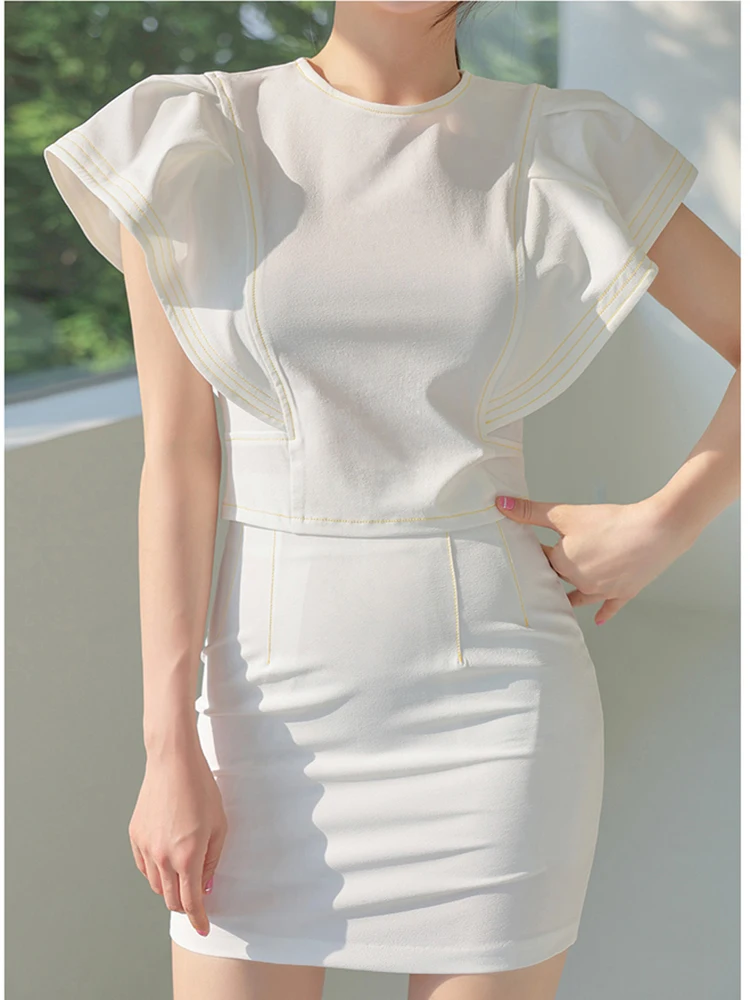 

2 Piece Set Women Elegant White Butterfly Sleeve Slim Crop Tops + Sexy Mini Skirts Korean Fashion Suits 2023 Woman Clothing