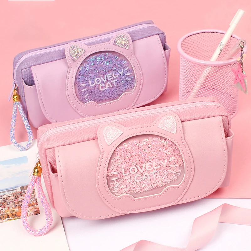 

Quicksand cat pencil case cute pencil bag Three layers Big pen case girls kawaii Stationery bag cartoon animals pen bag student