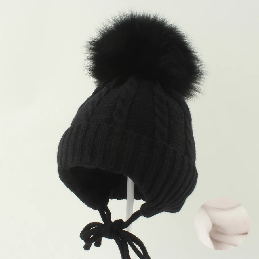 Winter Baby Hat Echte Fell Pompon Beanie Nette Motorhaube Fleece Futter Ohr Schutz Jungen Mädchen Kappe Warme Häkeln Hut Für kinder – Detail 14