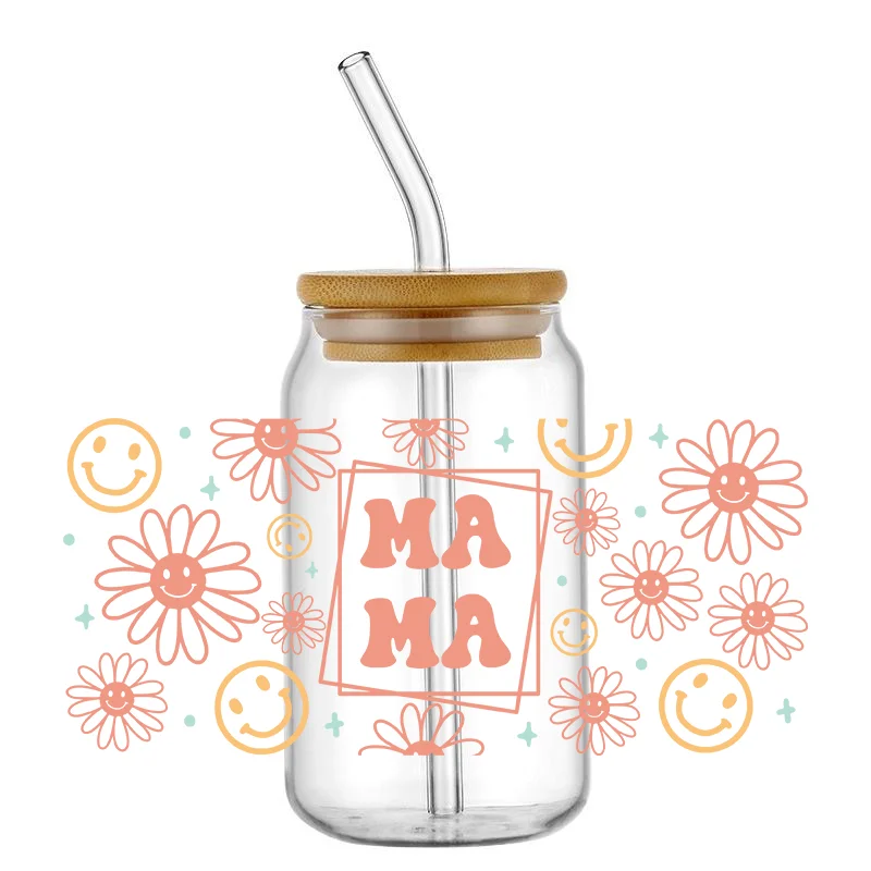 5pcs/Set Waterproof Mama Design Floral Sticker For 16oz Glass Cups