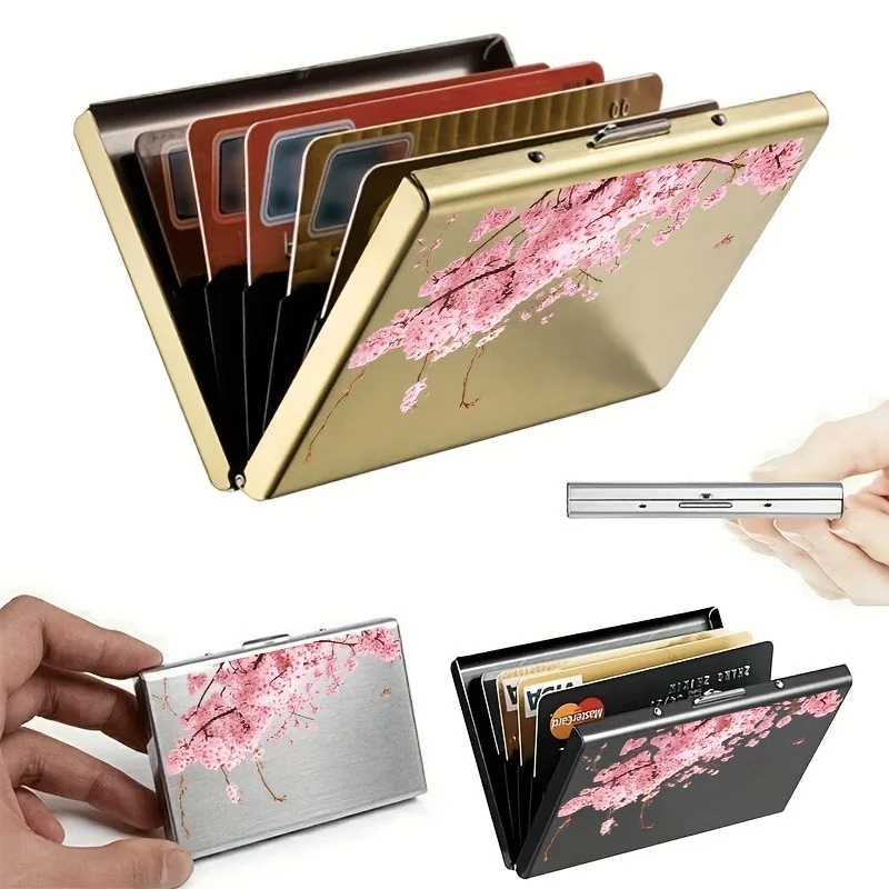 핑크색 벚꽃나무 가지 패턴의 RFID 도난방지 금속 카드 홀더, 남녀공용, 안전하고 세련된 카드 보관함