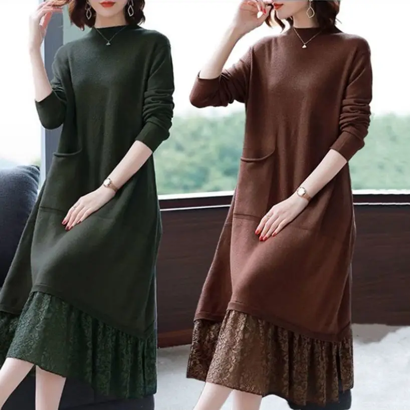 

Women's Solid Autumn Winter Knitting Dress Lady Warm Fashion Lace Loose Crewneck Long Sleeve Sweater Dress with Pockets LU457