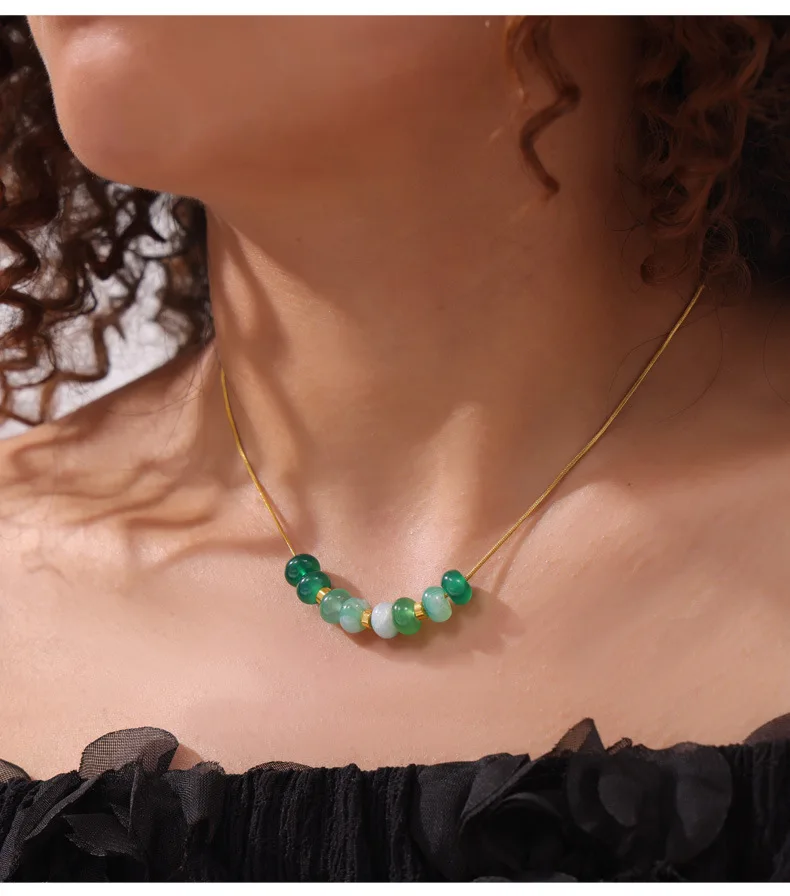 Natürlicher grüner Achat stein Perlen Anhänger Halskette Damen Edelstahl vergoldet dünne Kette Sommer wasserdichten Schmuck – Detail 5