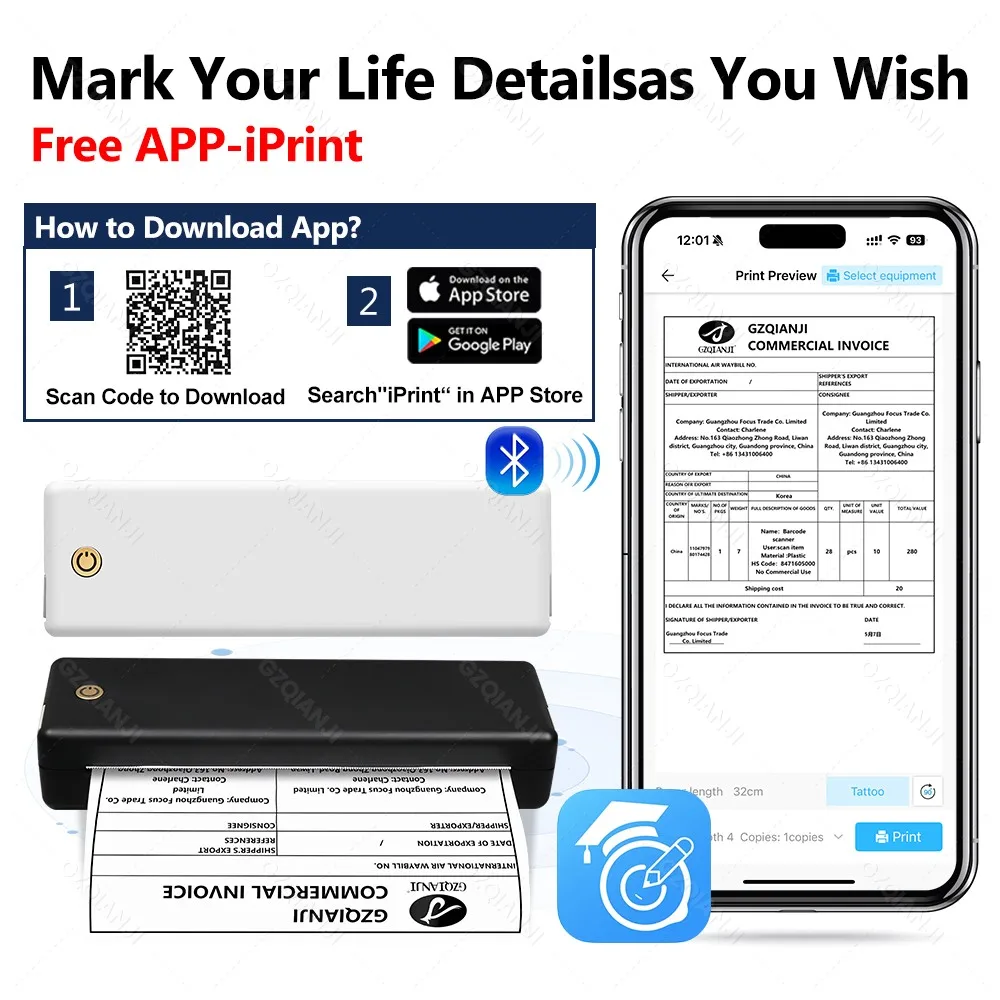 A4 Portable Printer, Lightweight And Compact Thermal Mobile Printer, Wireless Bluetooth Printer For Travel, Home, Office Use