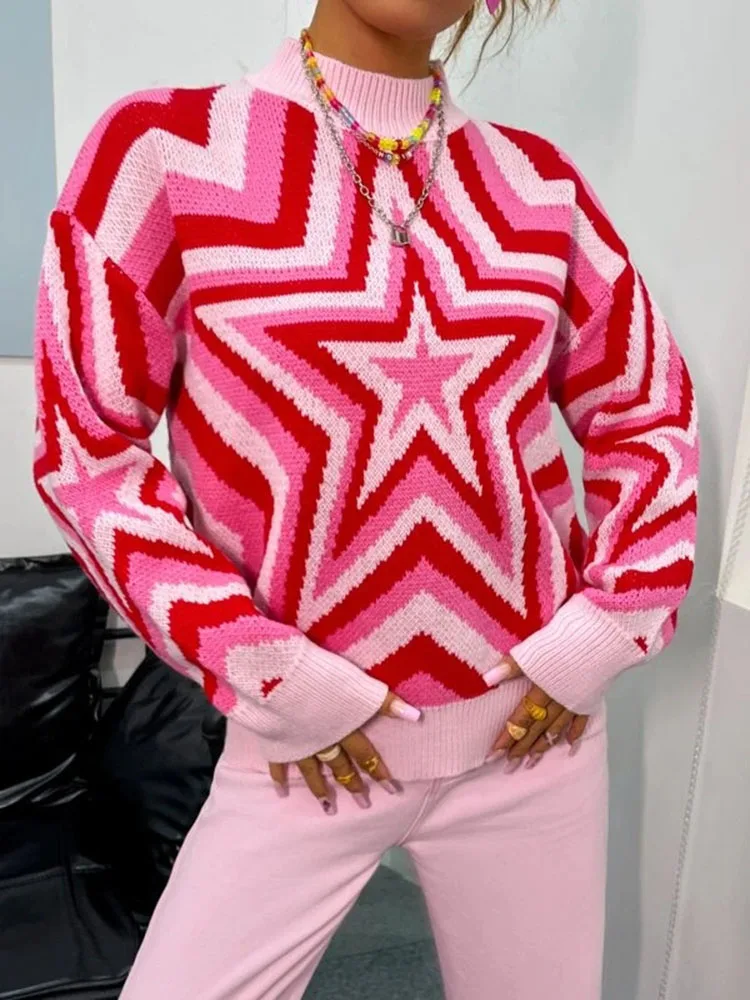 

Женский свитер со звездами Y2k, Зимний вязаный розовый свитер с круглым вырезом и длинными рукавами в готическом стиле, уличный пуловер в Корейском стиле