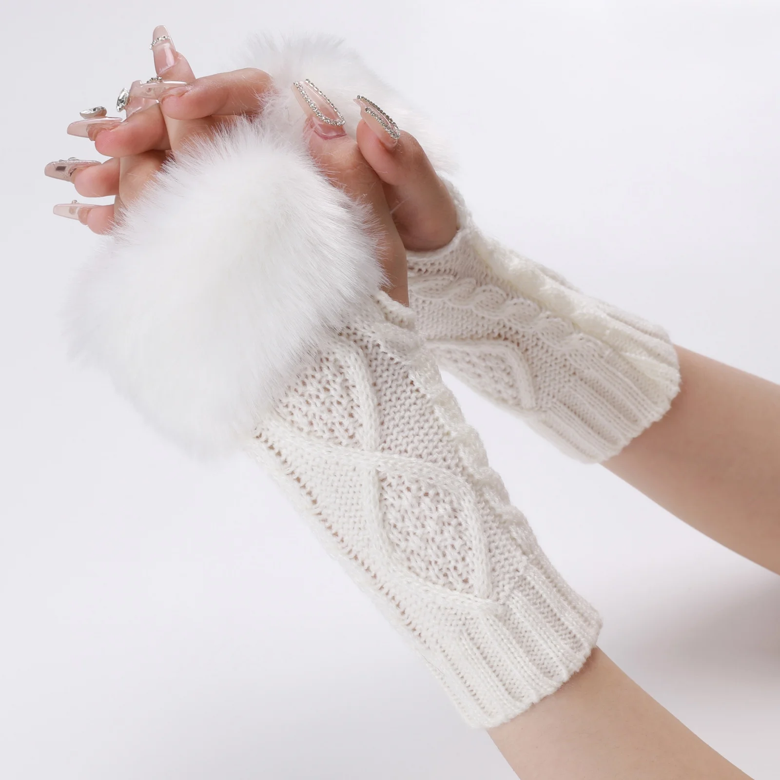 A Pair Of Women's Knitted Fingerless Gloves With Faux Fur Cuff, Warm Winter Fall For Ladies,  Cable Knit Arm Warmers For Cold