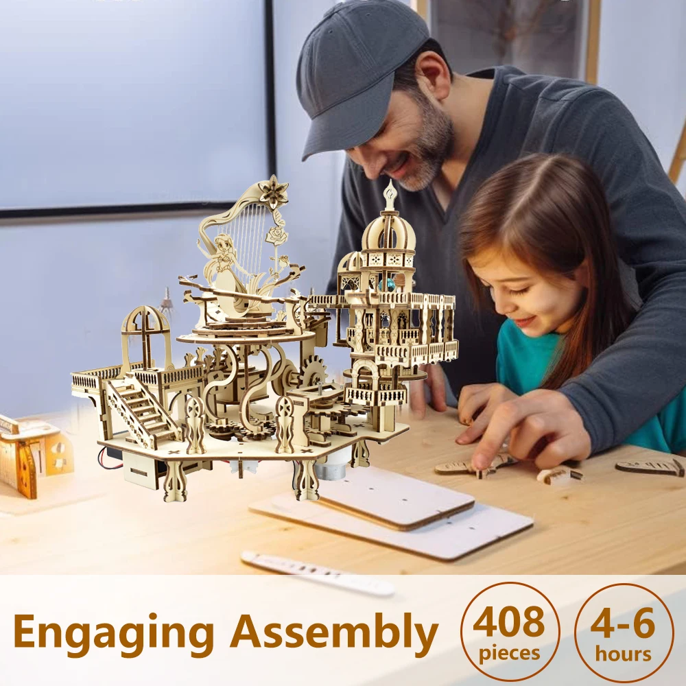 3D Wooden Puzzle Mystery Island Music Box with Light DIY Assembly Model Kit for Adults Kids Valentine's Day Gifts puzzle building block toy