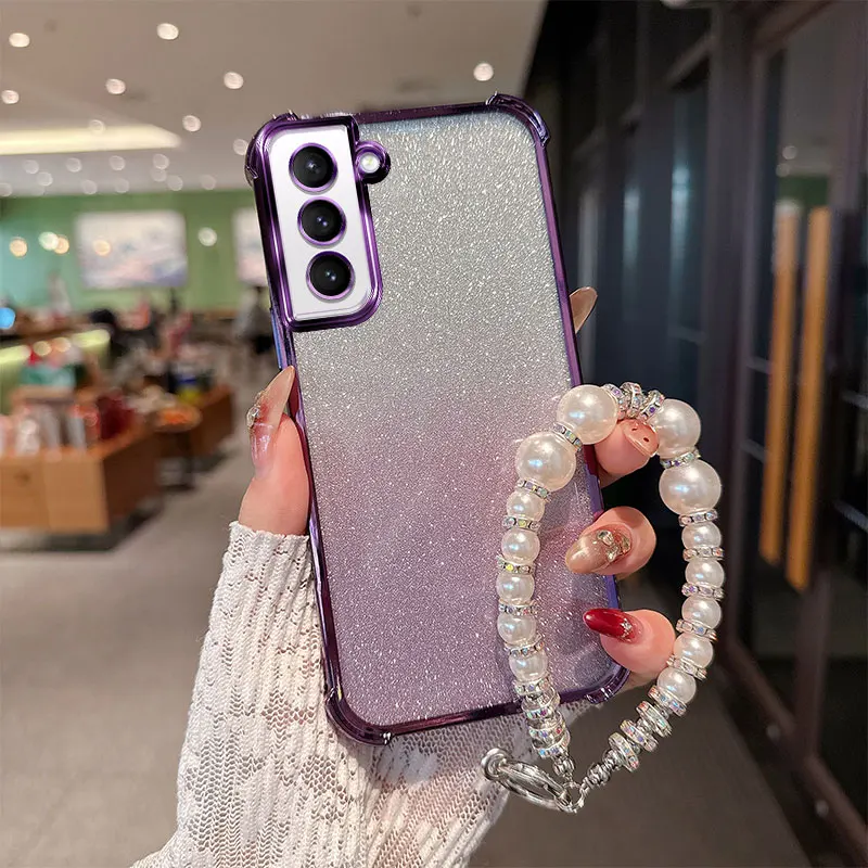 Gradient Glitter Shockproof TPU Phone Case with Luxury Pearl Chain Wrist Strap