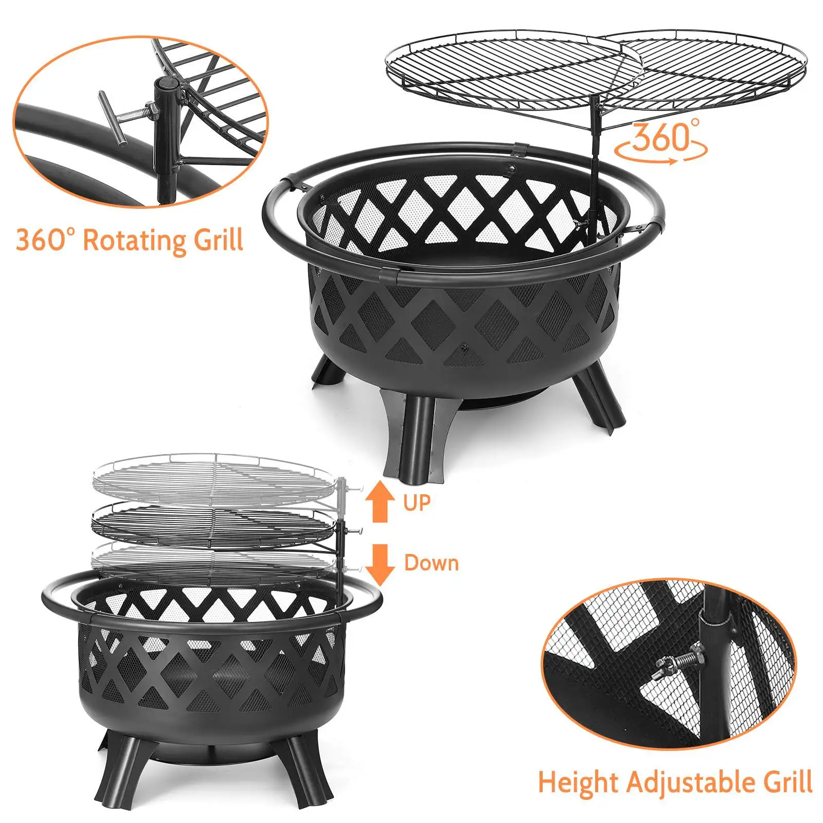 30 inch Fire Pits Swivel BBQ Grill Outdoor Wood Burning Firepits Large Steel Firepit Bowl Patio Backyard Garden Picnic