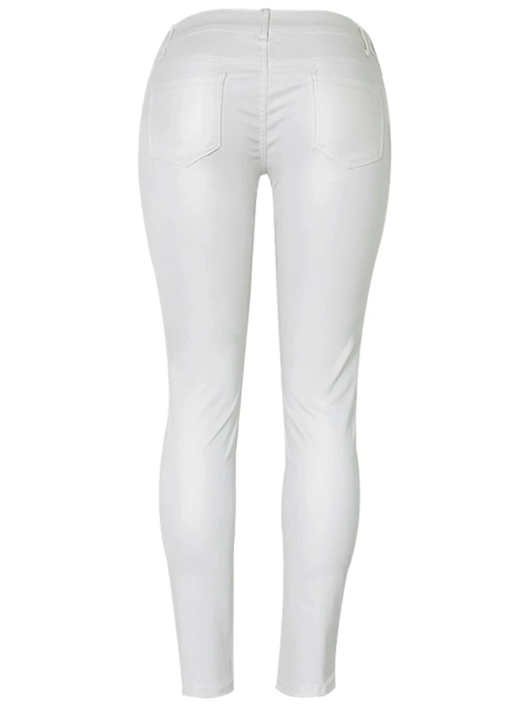 Black Coffee Rock Punk Party White Pants Autumn PU Leather Coated Denim Pants for Women Sexy Tight Stretchy Rider Leggings