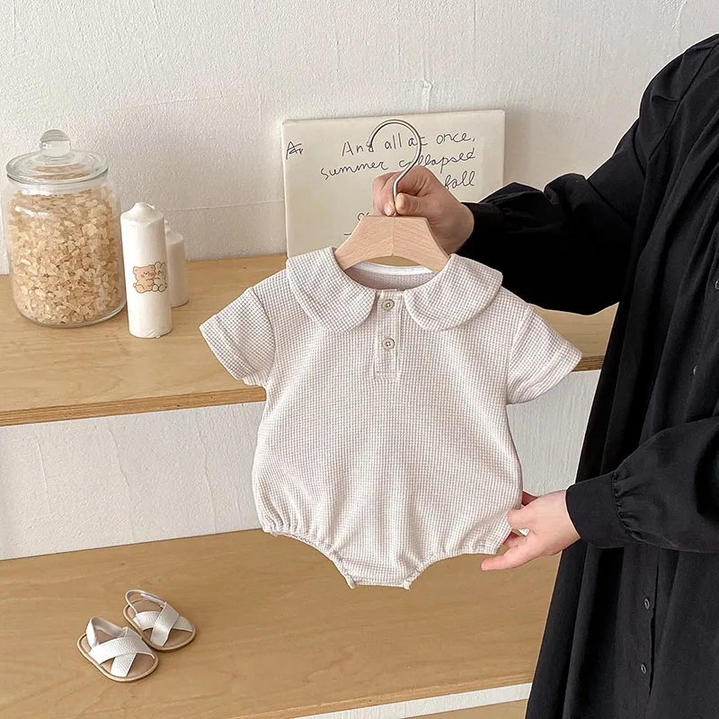 MILANCEL 새 여름 베이비 바디수트 3-24M 솔리드 컬러 와플  여아 점프수트 루즈 얇은 복 남아 원피스