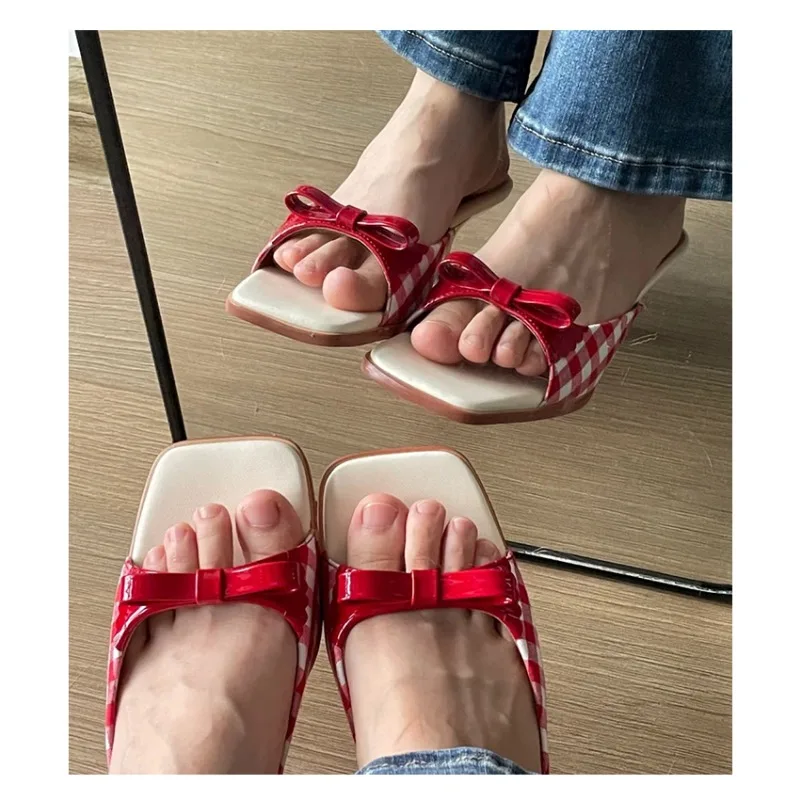 Retro Plaid Bow Sandals Kitten Heels White Red French Style Peep Toe Shoes Mixed Color Sweet and Cute Women's Vocation Shoes 5
