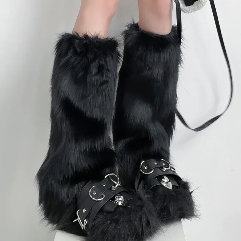 Description Picture 2 of itemFaux Fur Leg Warmers Boot Covers Y2K Goth Solid Leg Socks Punk Jk Knee-length Hiphop Hotgirl Fashion Warm Sock