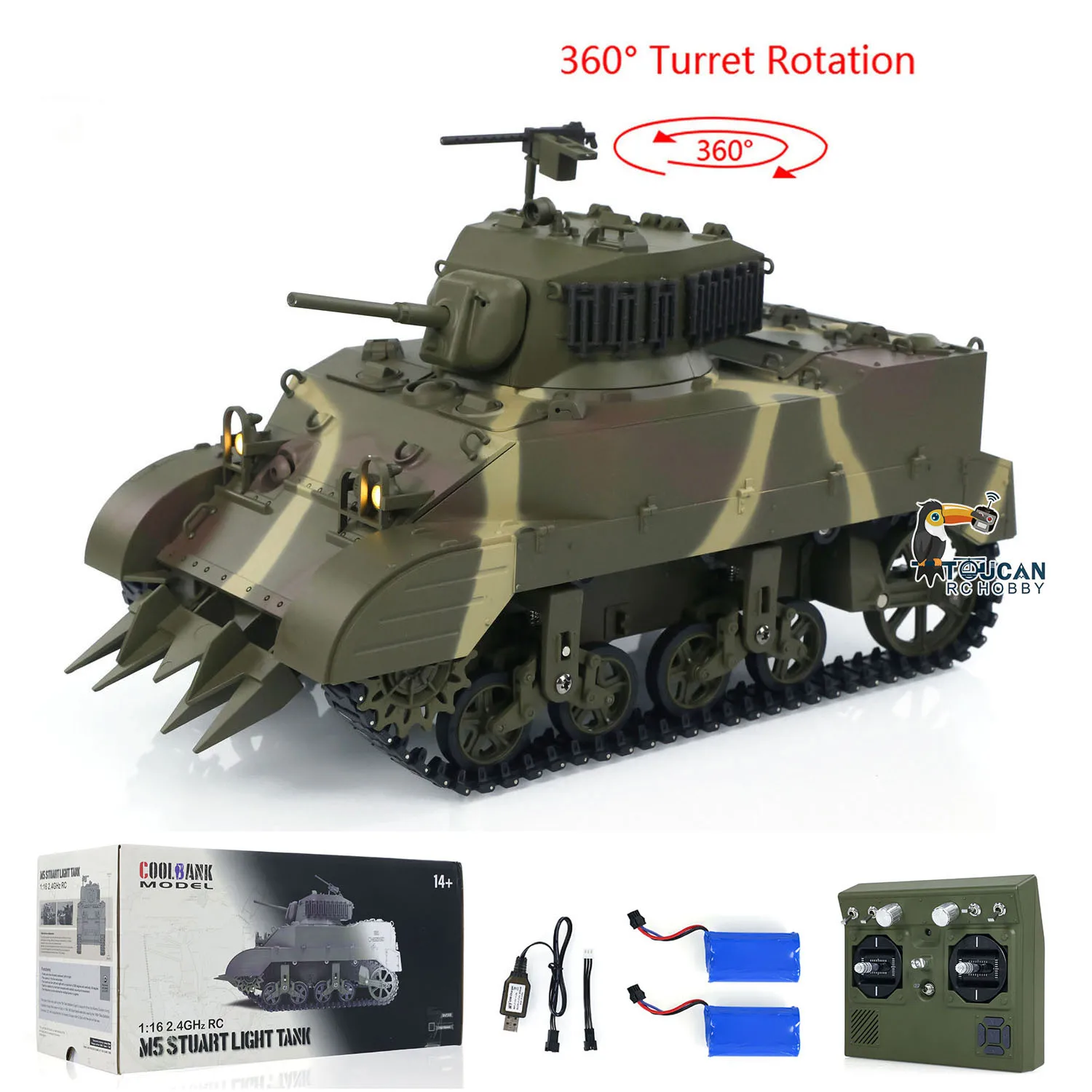 Char RC 1/16 M5A1 Stuart VI RTR avec éclairage, son et 2 batteries