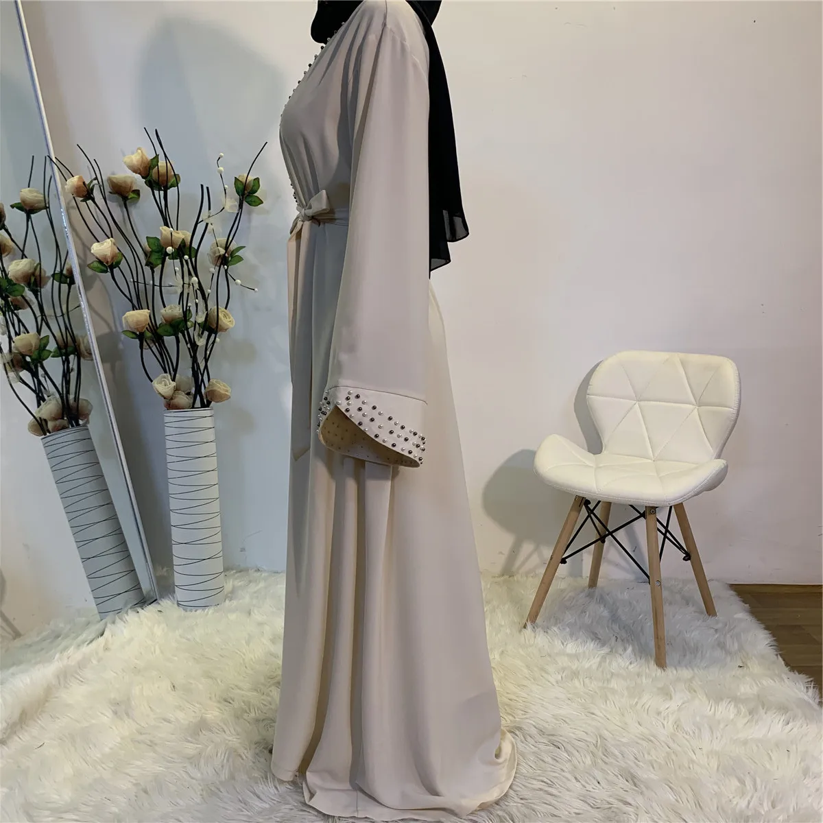 Free Shipping Arab Turkey Middle East Fashion Elegant Solid Color Beaded Muslim Lace-up Cardigan Robe