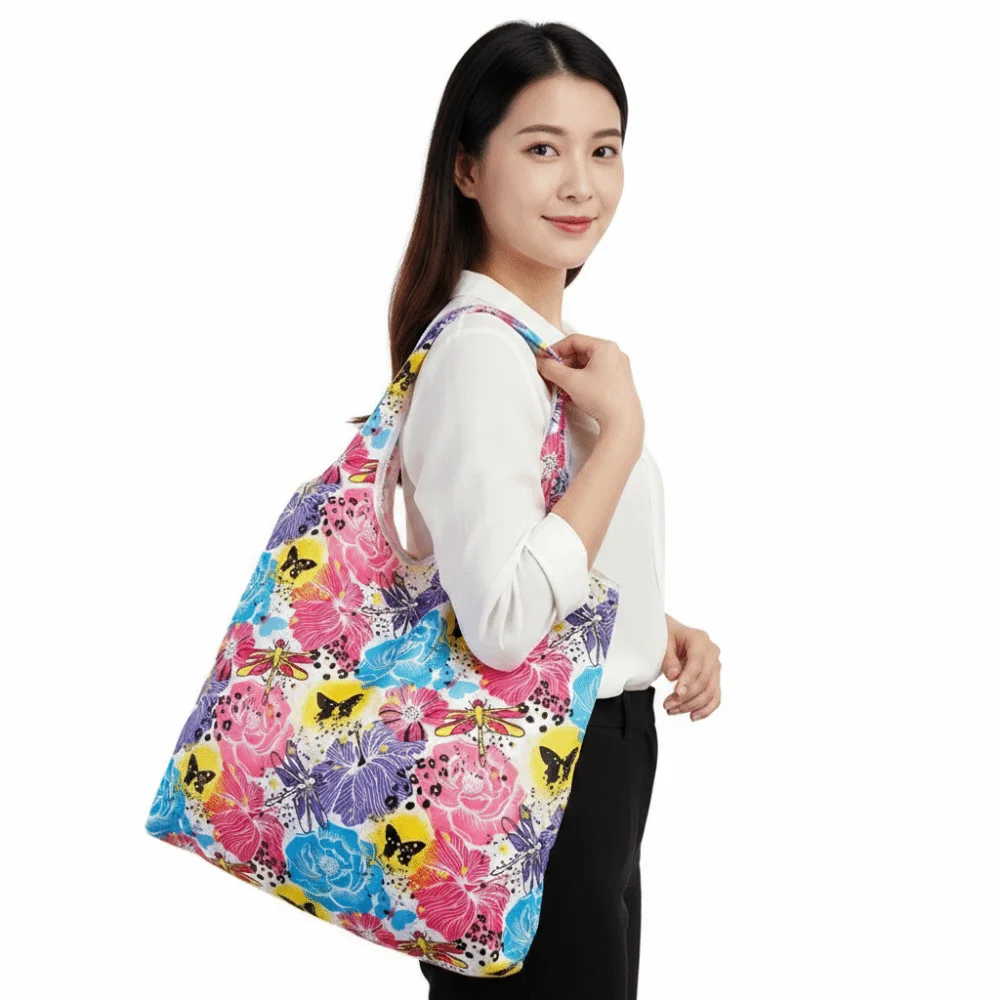 Eco-Friendly Large Folding Shopping Bag with Printed Design - Washable and Portable