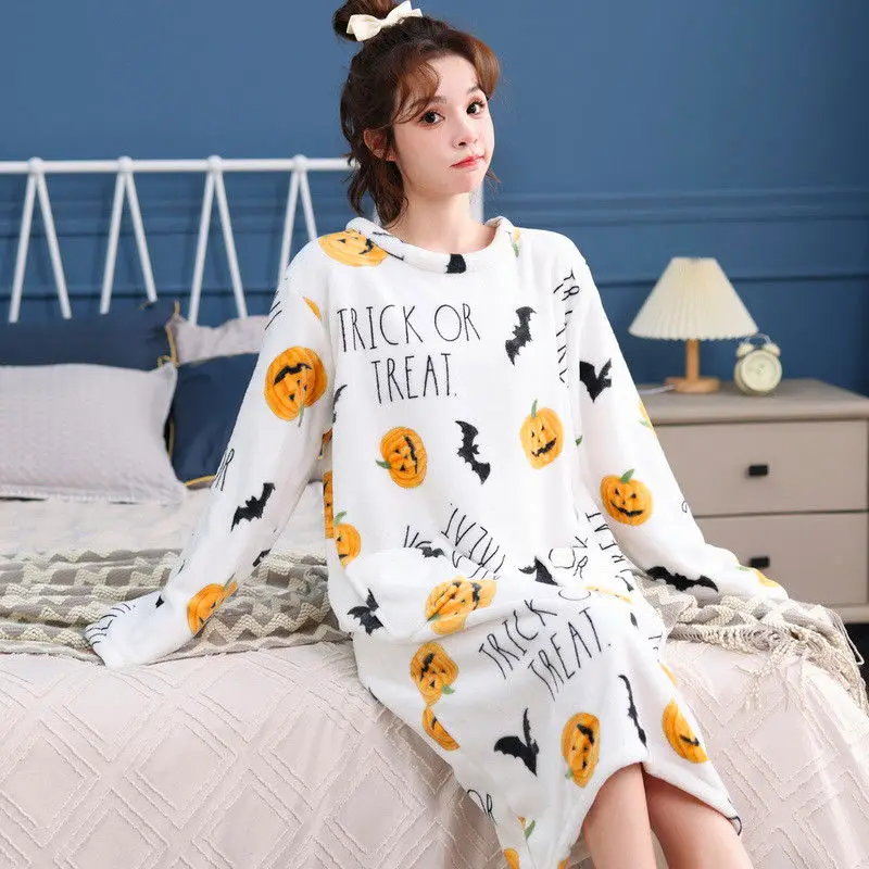 Autumn Winter Nightgown Long Sleeve Flannel Women Sleepwear Bathrobe Robe Warm Loungewear Homewear Kawaii Clothes Pajamas