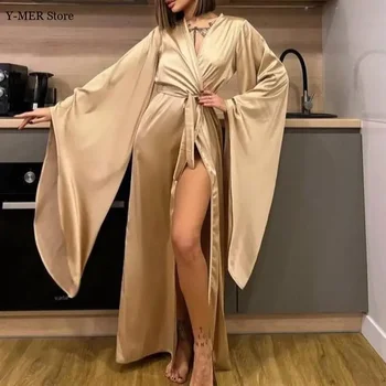 Abiti da festa spaccati a vita alta sexy Abito kimono casual Abito da donna Nuova primavera estate Abito ampio in raso Abiti 1