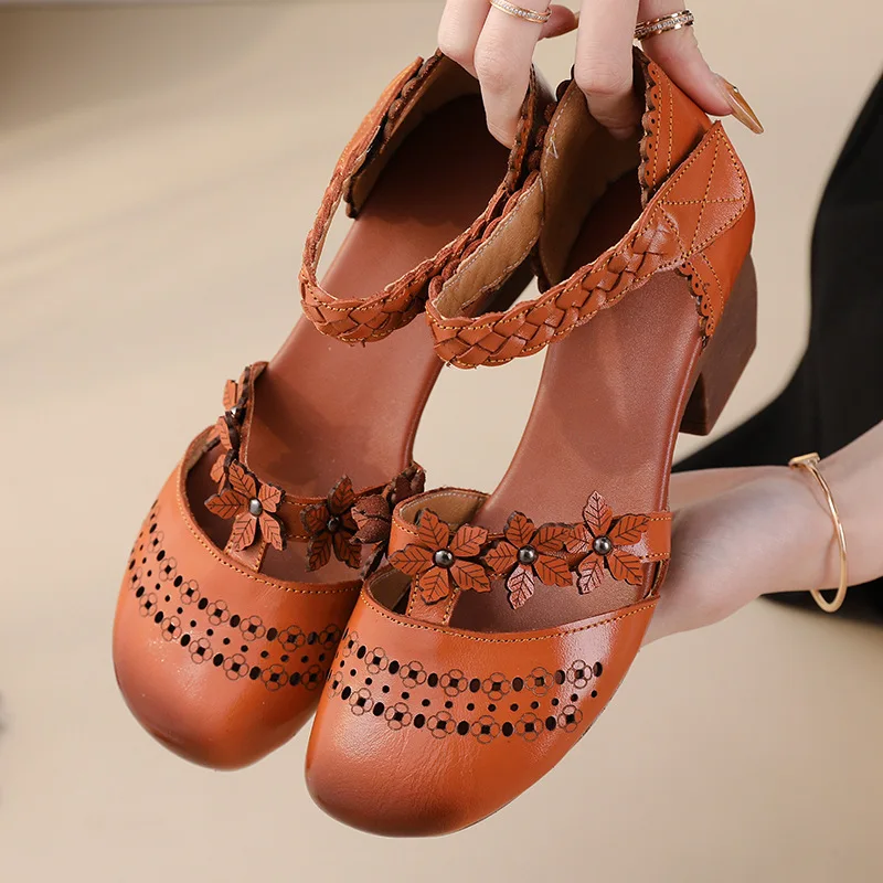 fashion summer sandals women genuine leather shoes sandals high heel summer beach hollow Flowers Female retro sandals women