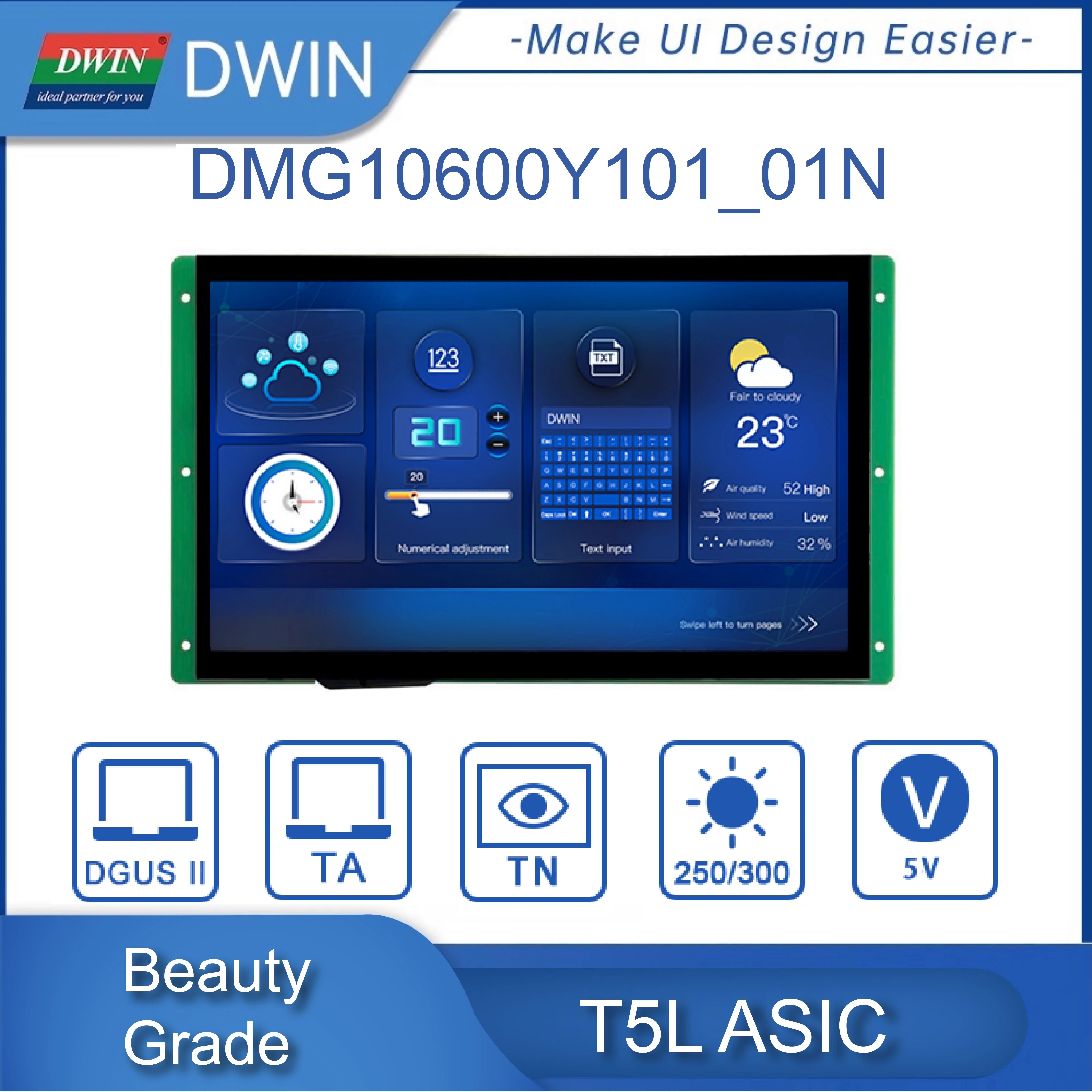 

DWIN 10.1 Inch UART 1024*600/1280*800 Beauty&Consumer Grade TFT TTL RS232 LCD Display HMI Intelligent Touch Screen Module ESP32