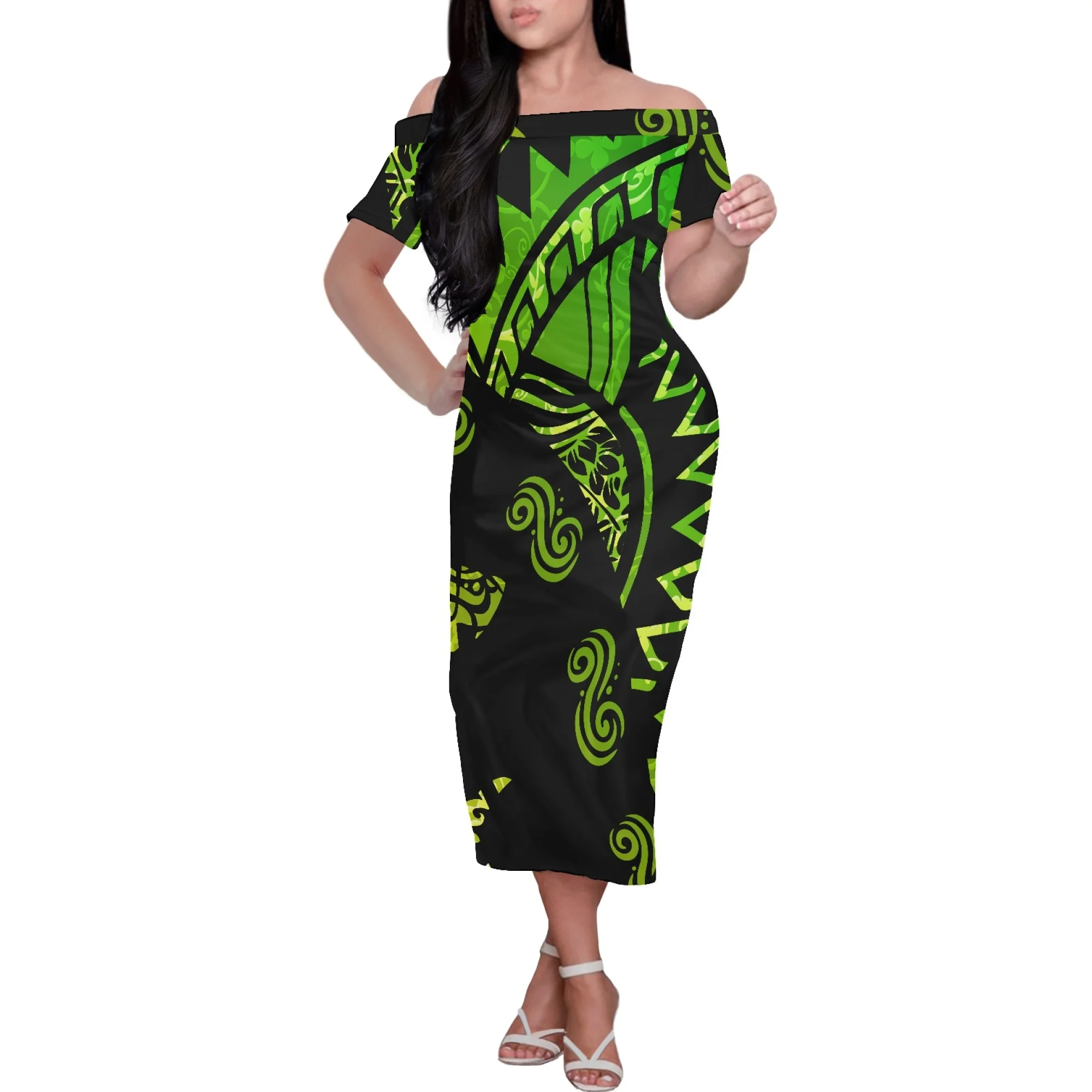 

Summer Ladies Clothes Off Shoulder Dress Polynesian Printing Style printing Design Cold Shoulder Dress Women Maxi Dress Women Cl