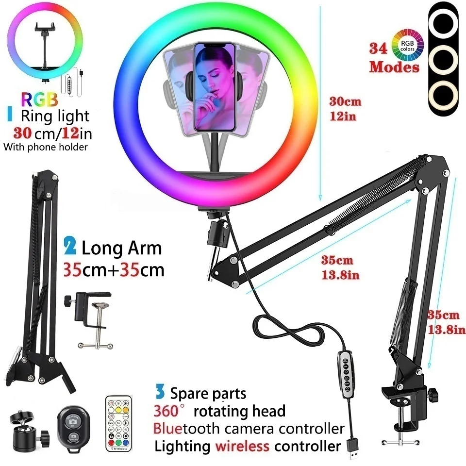 Кольцевой светильник для селфи, Трипод RGB для телефона, 12 дюймов 30 ...