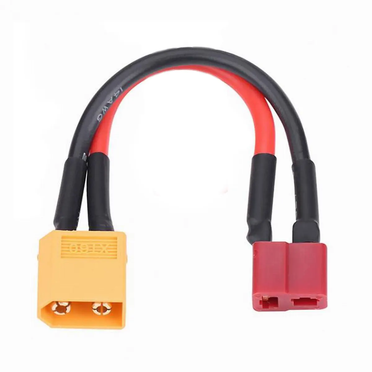 Lot de deux adaptateurs XT60 mâle femelle vers Deans T-Plug 14AWG, câbles tressés et connecteurs robustes.