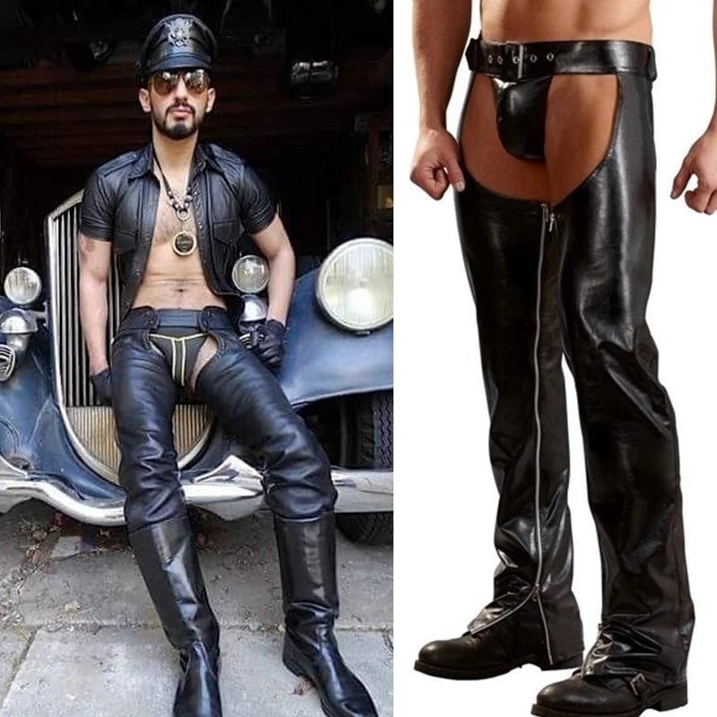 Men Sexy Chaps Fetish Crotchless Pants Motorbike Costume