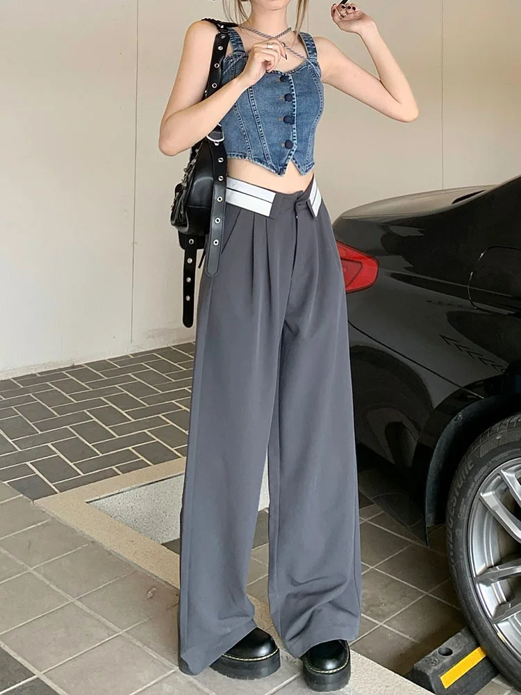 

Брюки женские спортивные с завышенной талией, шикарные свободные прямые брюки с широкими штанинами, цвет черный/серый