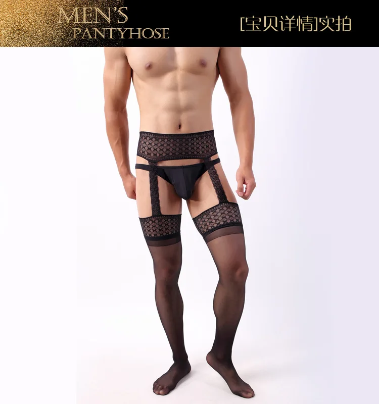Men Lingerie Stockings Garter Belt Tights Pantyhose Thigh High Lace Embroidery Underwear men leggings cosplay underpants