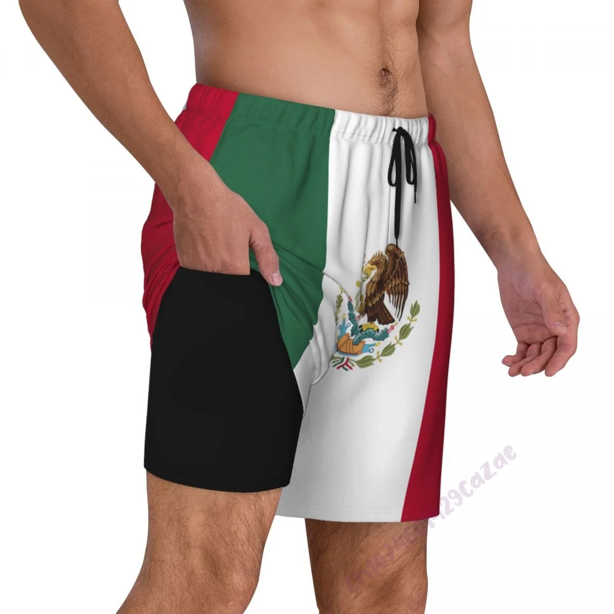 

Mexico Flag 3D Mens Swimming Trunks With Compression Liner 2 in 1 Quick-Dry Summer Swim Shorts With Pockets