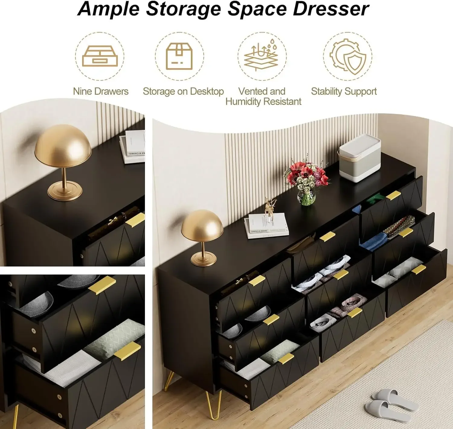 Description Picture 6 of itemDresser for Bedroom,Modern 9 Drawer Triple Dresser with Gold Accents,Long Storage Dresser for TV Stand & Closet