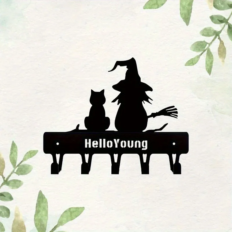 Iron Silhouette Cute Witch And Cat Garden Stake On The Branch Yard Art Decor, Tree Stump Plug-in, For Garden Lawn Courtyard