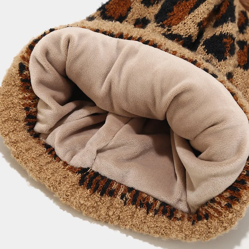 Knitted Hat Set Scarf Gloves Three Piece Set for Women Leopard Print Outdoor