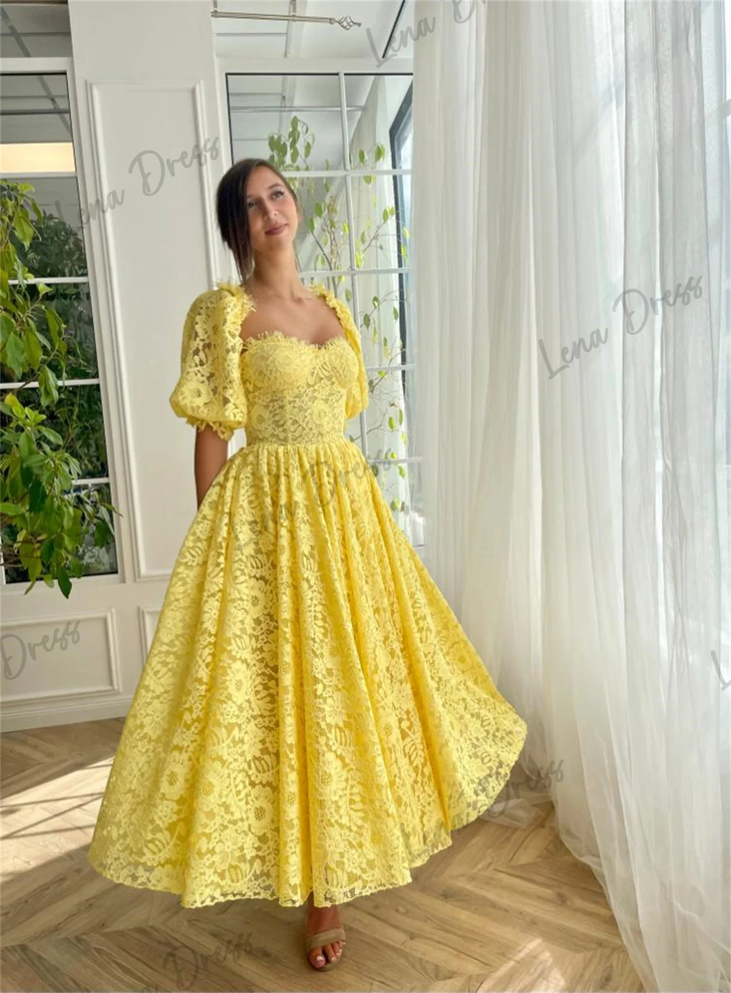 Lena Square Collar Women's Elegant Dresses for Parties 2024 Line A Evening Gown Lace Graduation Dresses Woman Yellow Ball Gowns 4